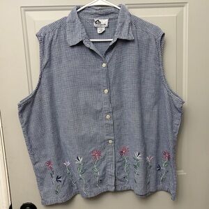 Women's Navy Gingham Sleeveless Shirt with Floral Embroidery